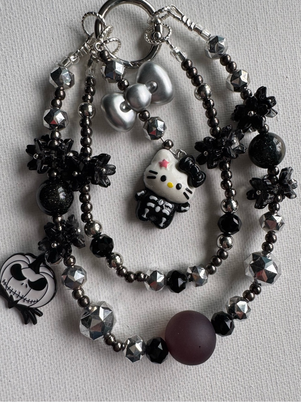 Halloween Hello Kitty Black & Silver Phone Charm with Skull Accents